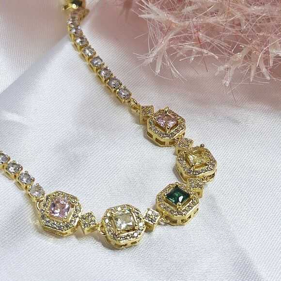 Green, Pink, & White Topaz Tennis Bracelet on Platinum - Stamped PT 950 … - Picture 8 of 8